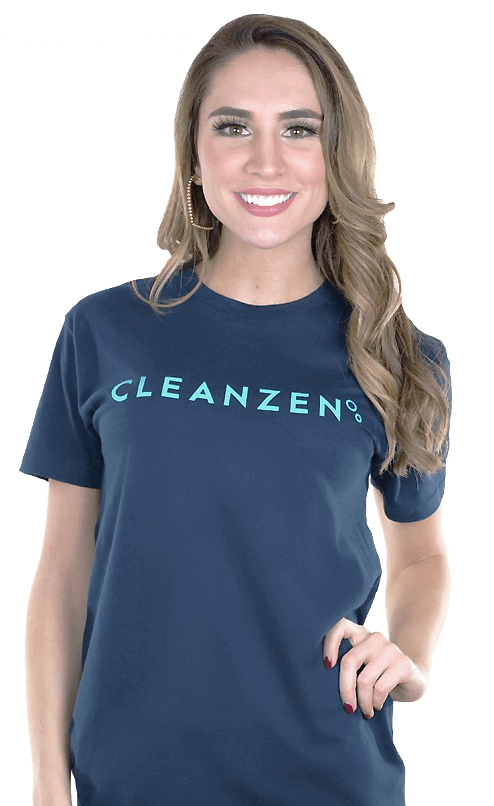 Model wearing navy shirt with Cleanzen logo in white background