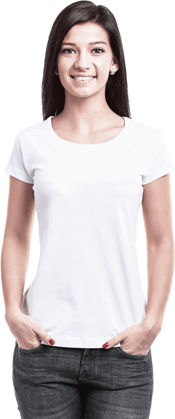 Model wearing white shirt in white background