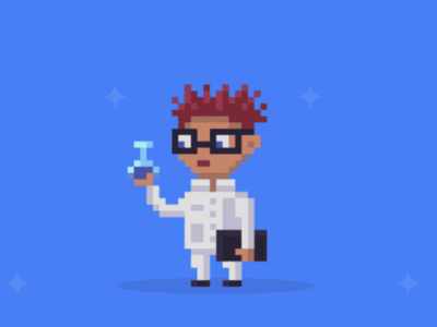 Animated scientist character in blue background