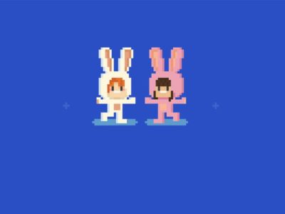 Two animated characters in bunny costume in blue background