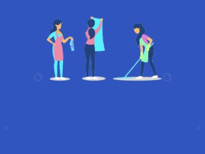 Animated icon of 3 maids cleaning in blue background