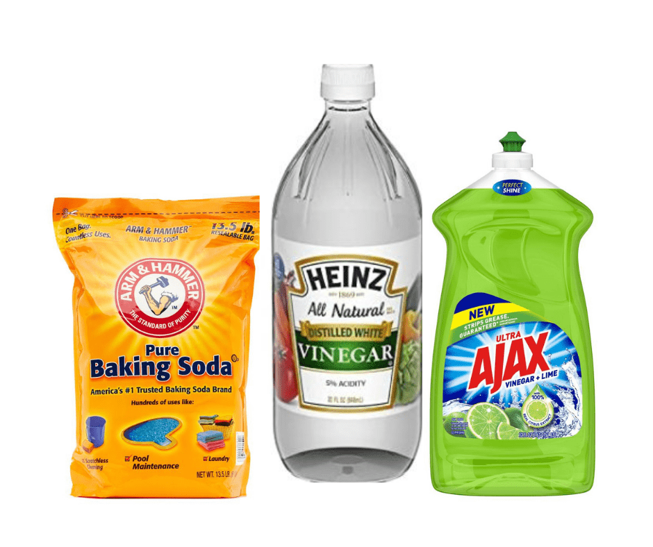Baking soda, white vinegar and dishwashing soap as cleaning ingredients