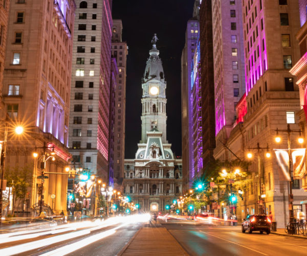 night view at Philadelphia City Hall and clock tower