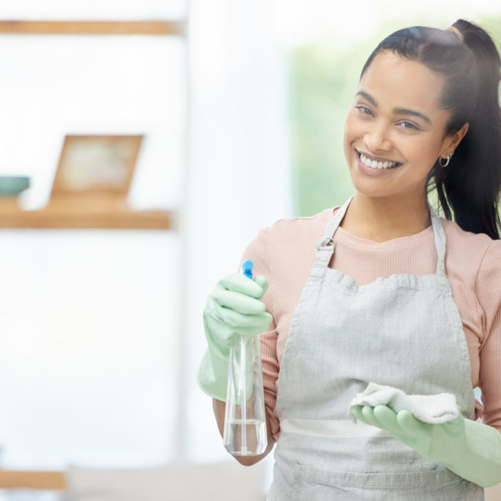 woman holding cleaning spray and cleaning rag
