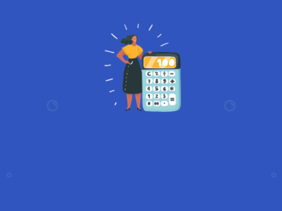 Animated woman icon holding calculator in blue background