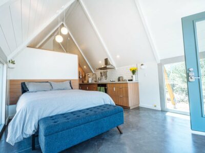 Fancy airbnb property with white and blue interior