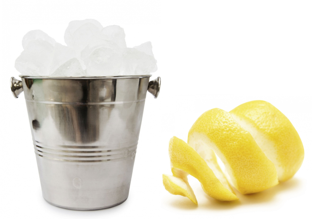 Ice cube and lemon peel