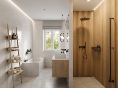 Interior of a luxurious bathroom with shower area and bathtub.