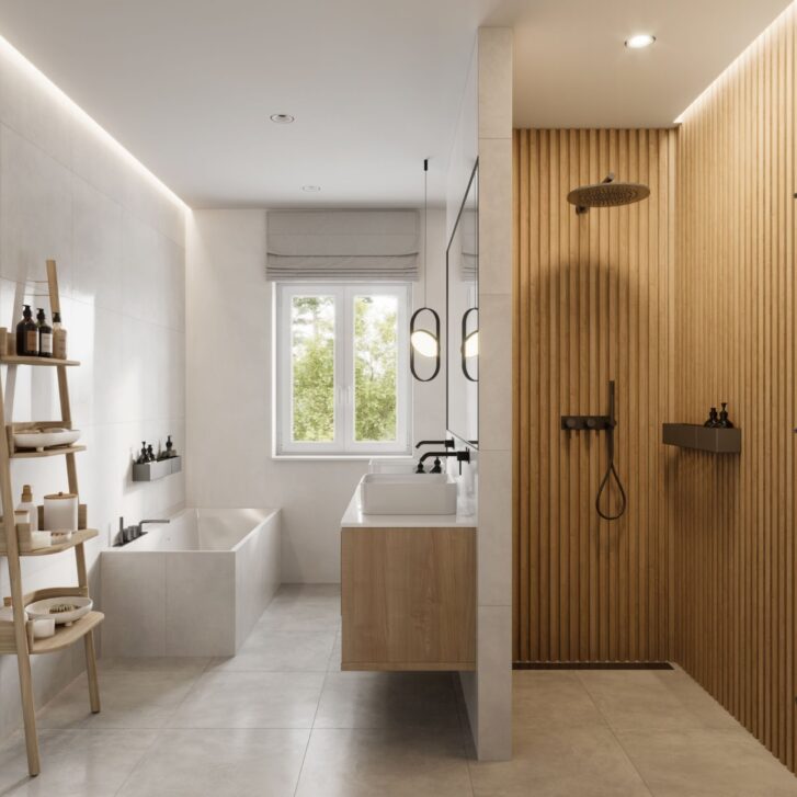 Interior of a luxurious bathroom with shower area and bathtub.
