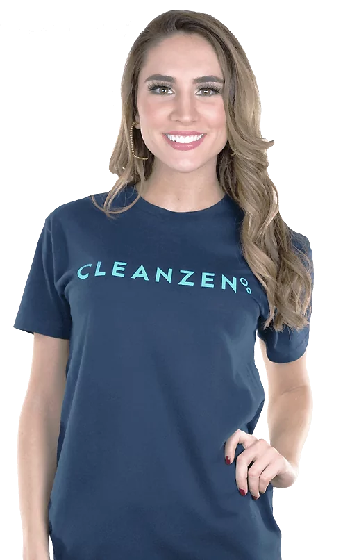 Model wearing navy shirt with Cleanzen logo in white background