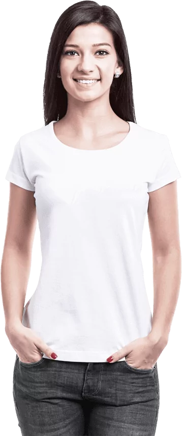 Model wearing white shirt in white background