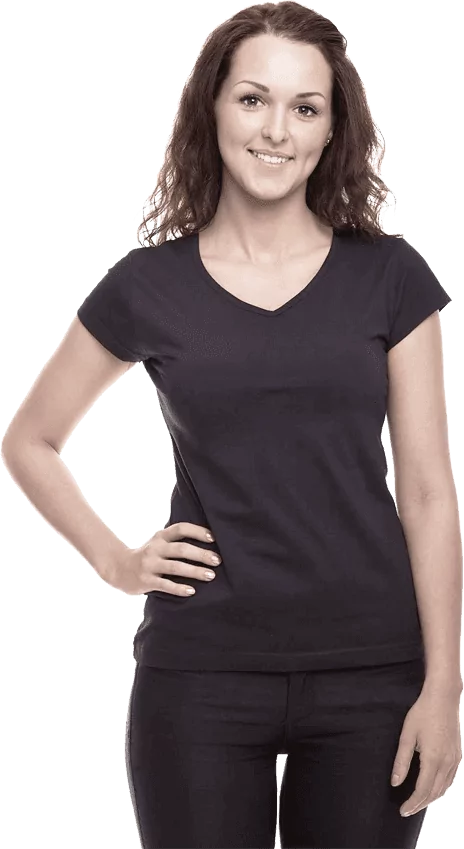 Model wearing black shirt in white background