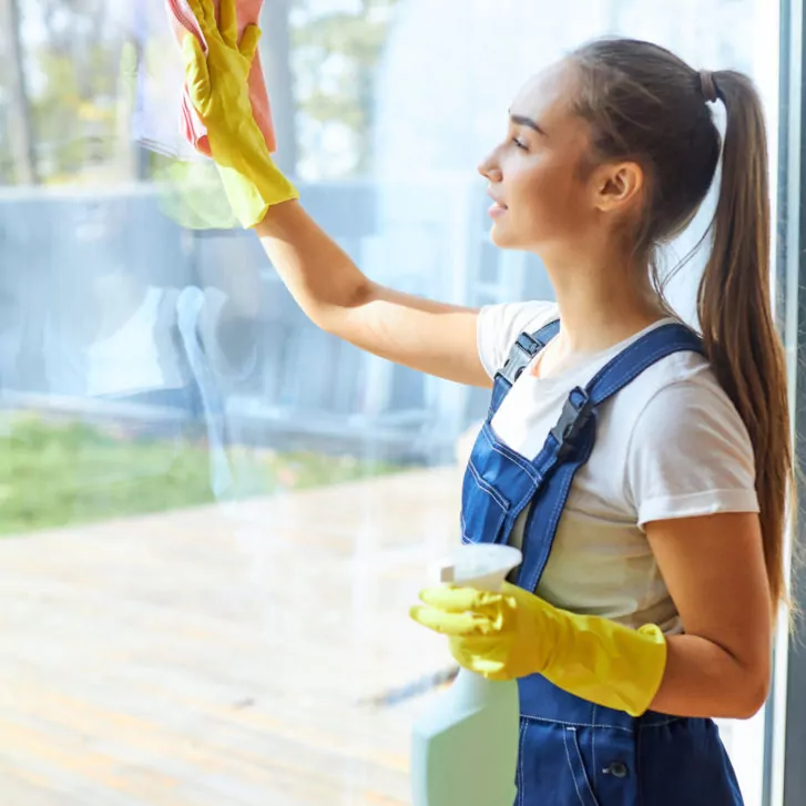 cleaning professional wiping down glass panel