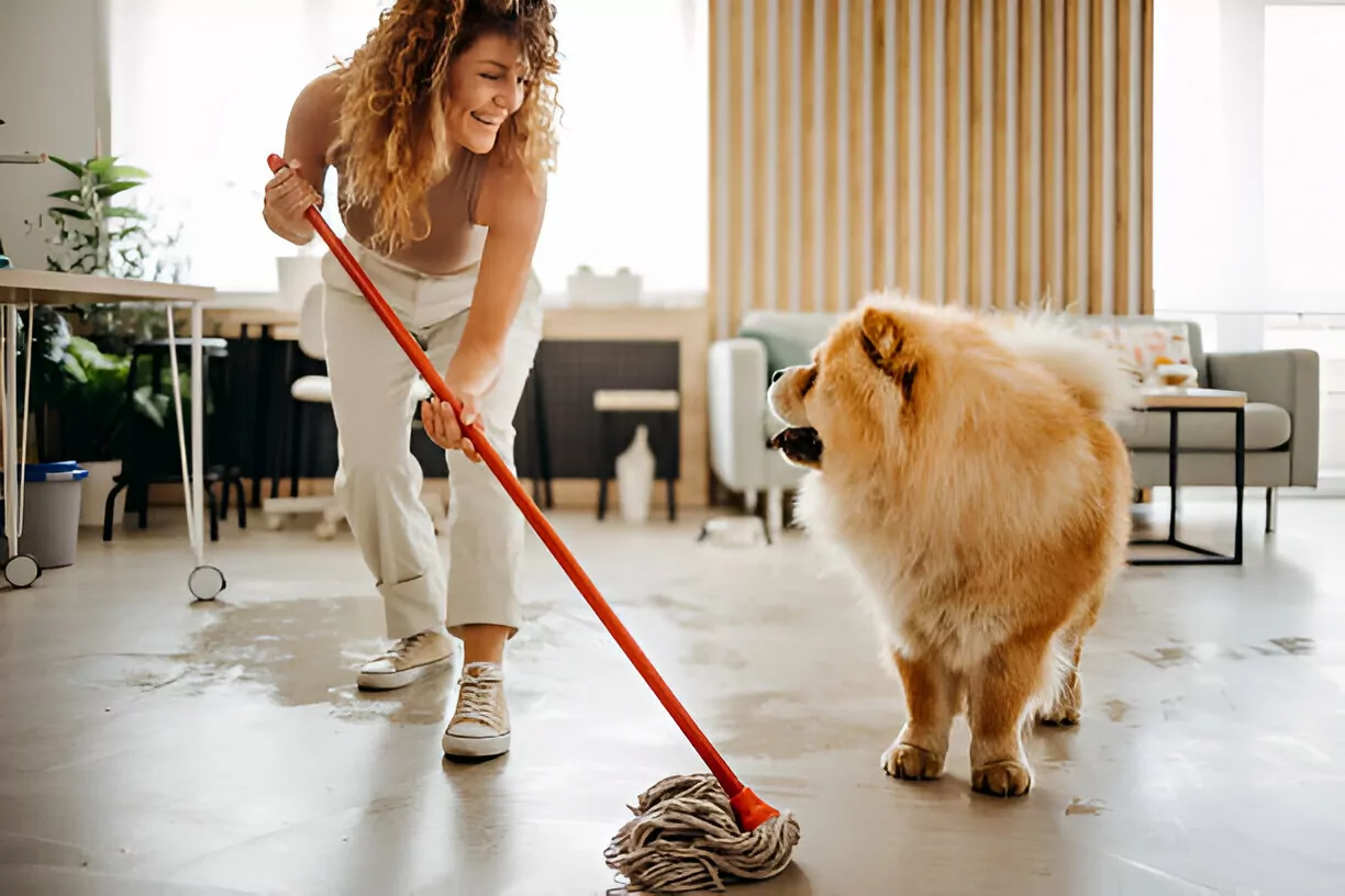 Pet Safe Floor Cleaner Cleanzen Image of a Woman and Her Dog Mopping on the Floor of a Room
