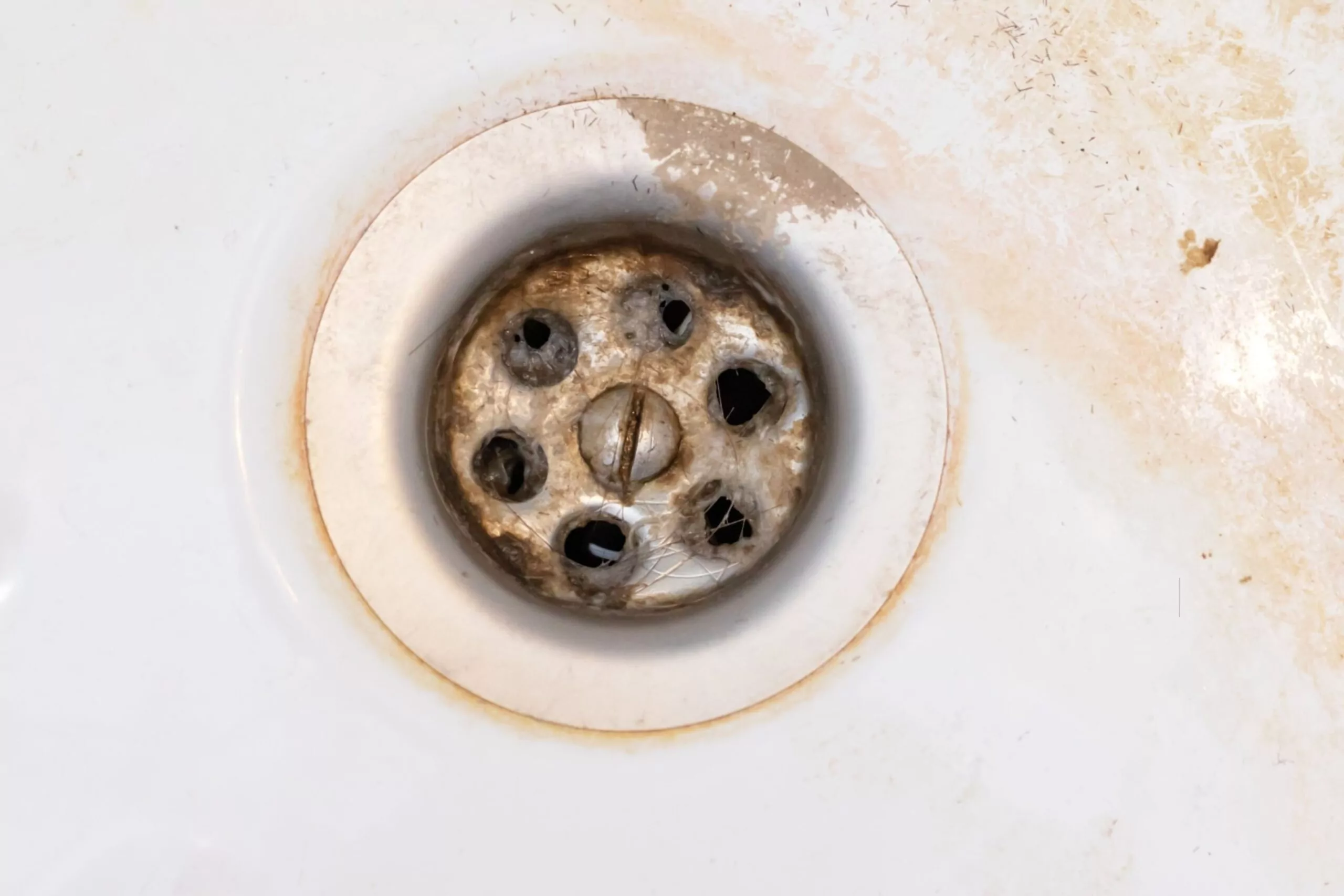 Best Methods & Products to Remove Hard Water Stains Cleanzen Image of a Sink Drain with Hard Water Stain