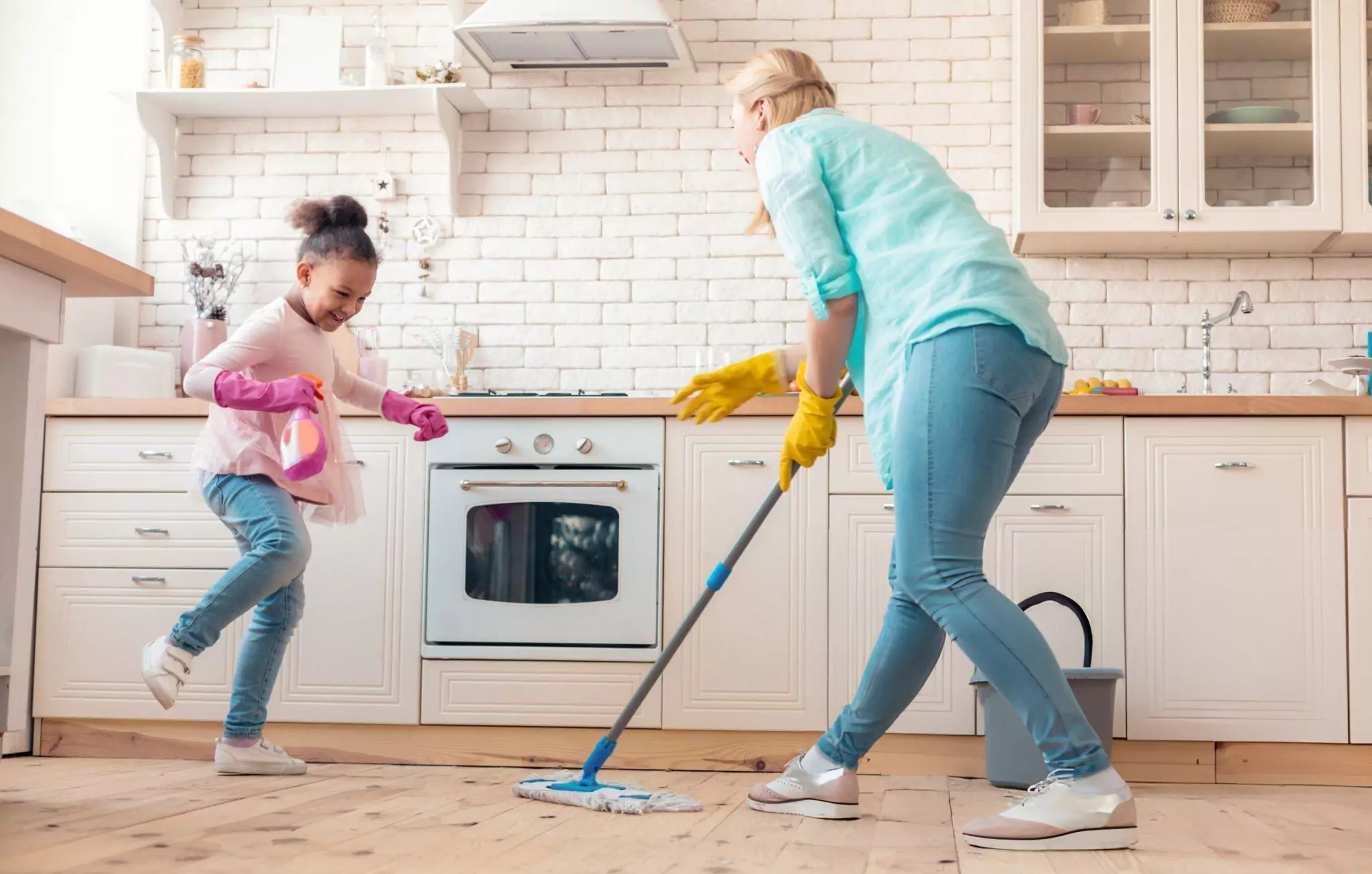 Kitchen Cleaning Checklist Cleanzen Image of Daughter and Mom Cleaning Kitchen Floors